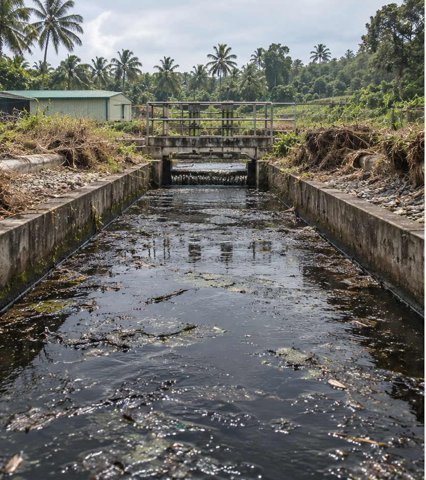 Contaminated water moving through an untreated channel